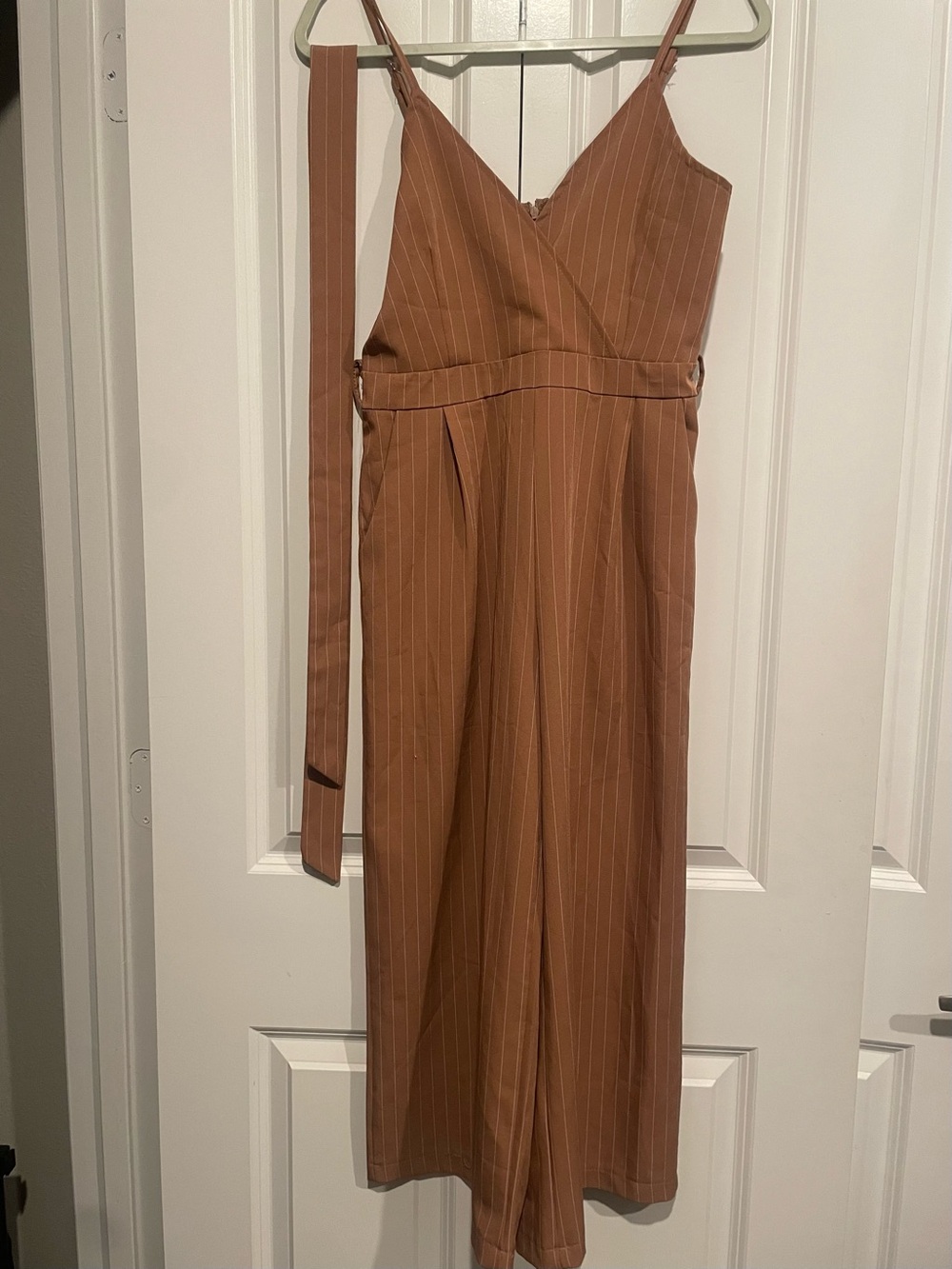 Spaghetti Strap Rust Pinstripe Jumpsuit